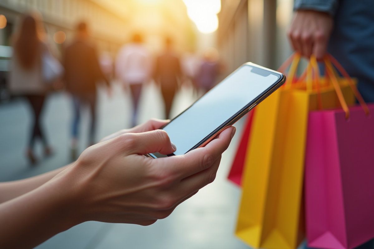 Main tenant un smartphone avec publicité en ligne en ville