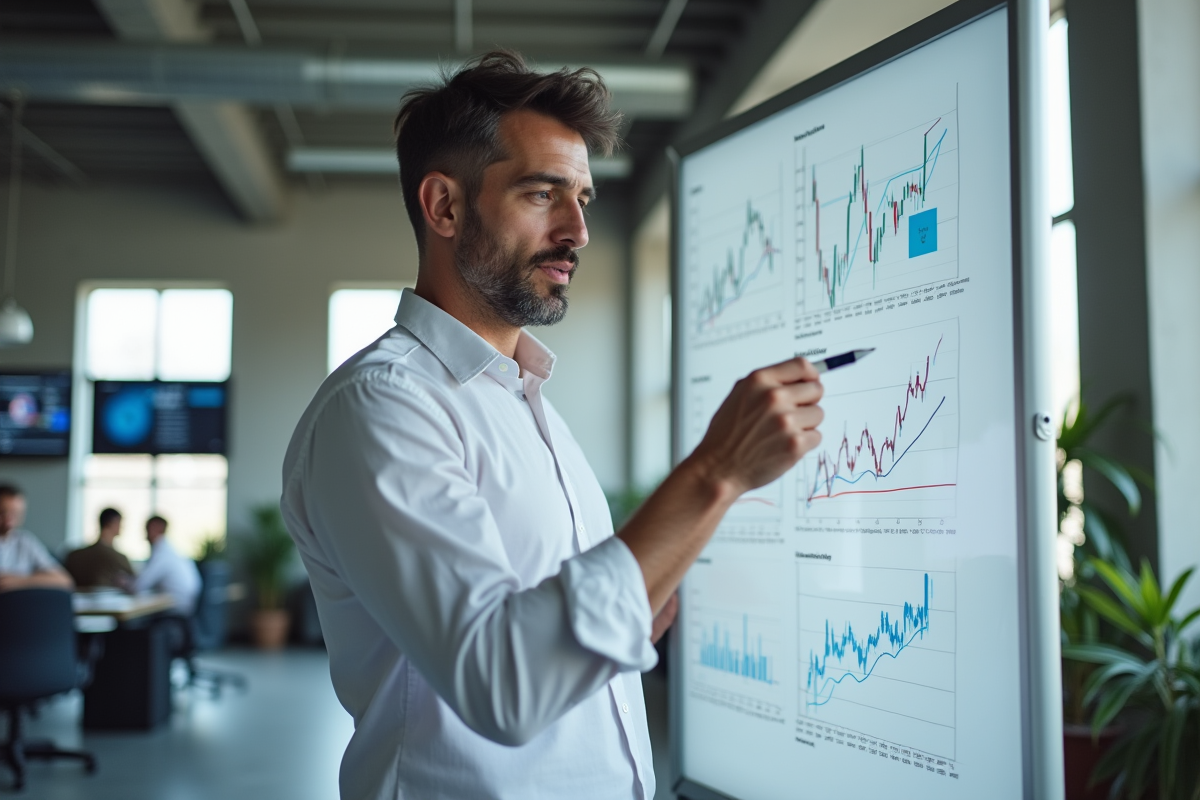 Analyste financier expliquant des diagrammes sur un tableau blanc