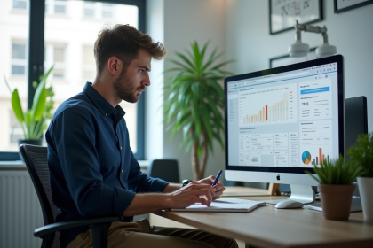 Jeune homme en bureau analysant des données SEO