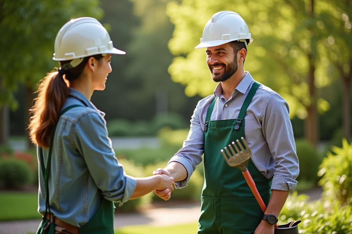 Paysagiste souriant serrant la main d'un client dans un parc ensoleille avec outils