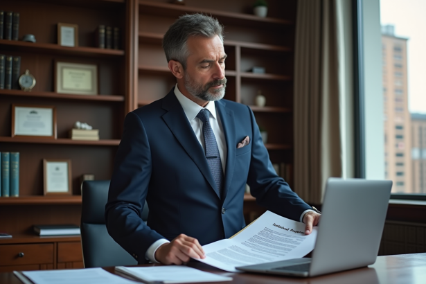 Avocat en costume navy dans son bureau avec documents juridiques