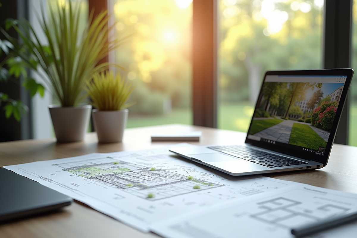 Bureau lumineux avec croquis de jardin et ordinateur affichant un plan de paysage
