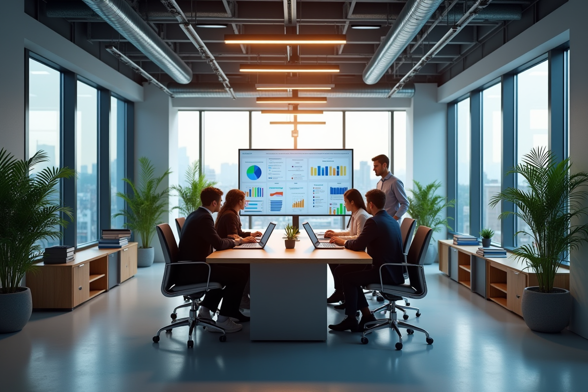 Bureau open space moderne avec equipe diverse en collaboration