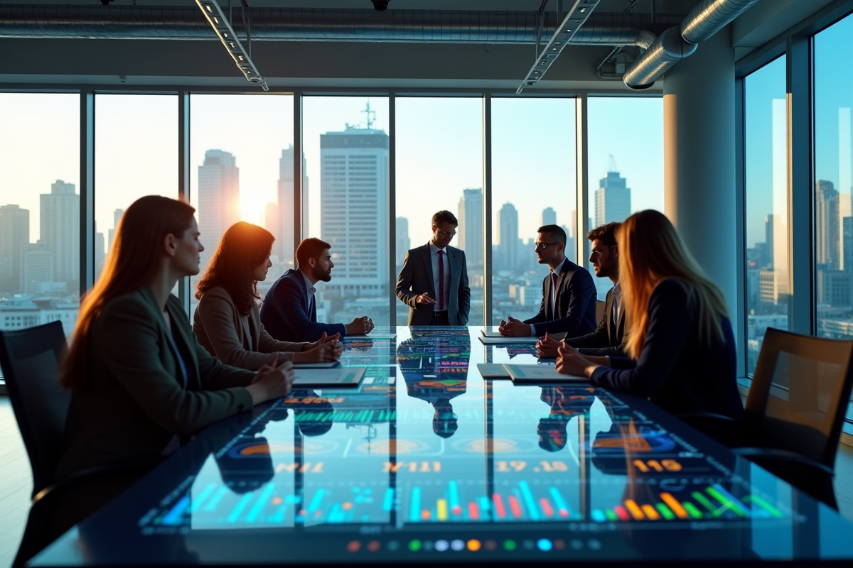 Bureau moderne avec professionnels brainstorming autour d'une table tactile