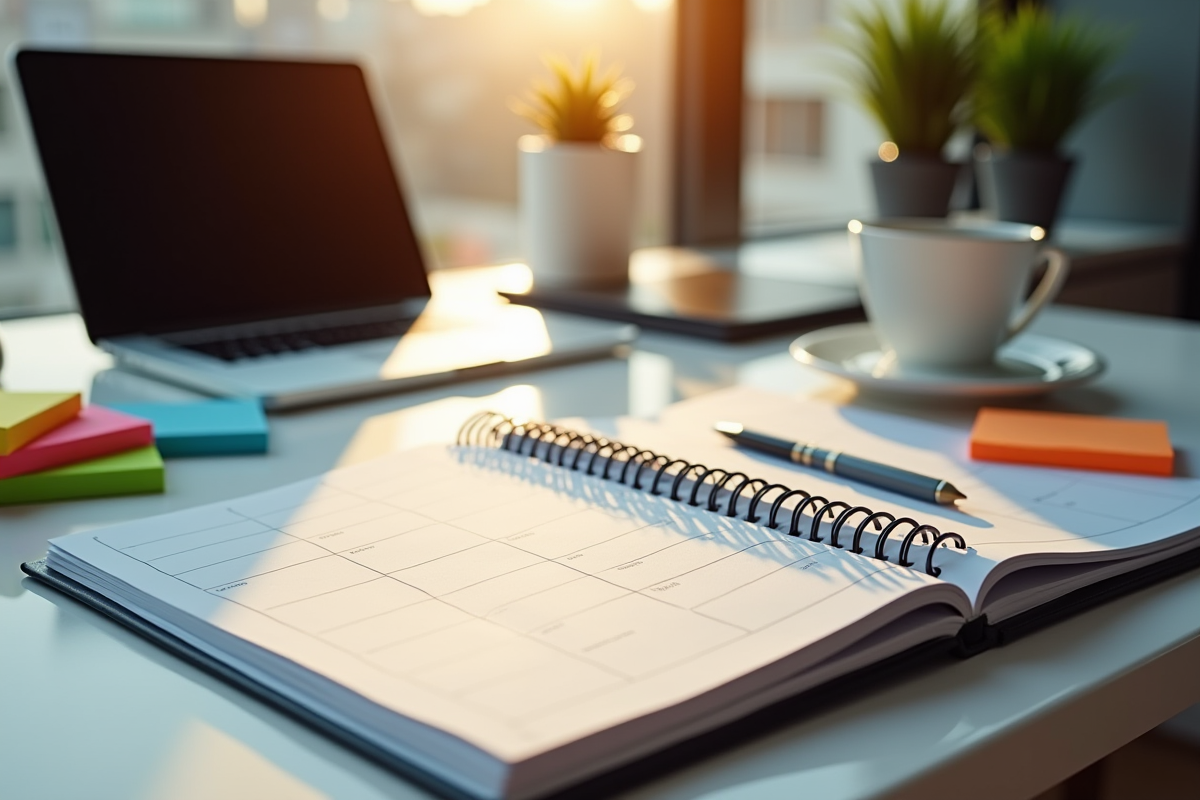 Bureau moderne avec planner ouvert et ordinateur