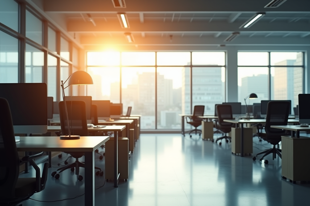 Bureau vide avec des bureaux et chaises vides dans une lumière naturelle