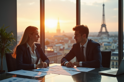 Cadre d'affaires français avec documents et graphiques