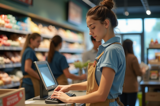 Jeune caissière scannant des courses au supermarche