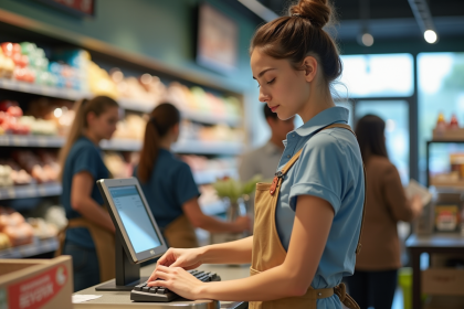 Jeune caissière scannant des courses au supermarche