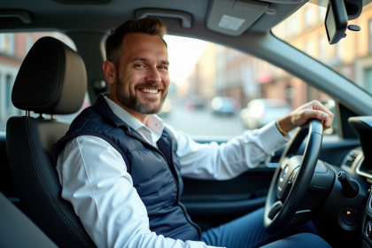 Conducteur VTC homme souriant dans sa voiture en ville