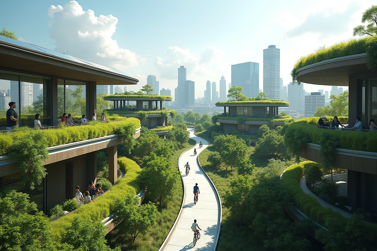 Paysage urbain avec toits verts et panneaux solaires