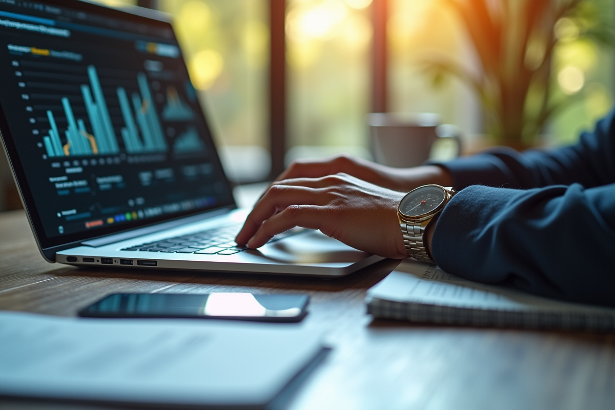 Mains tapant sur un ordinateur portable avec interfaces ERP