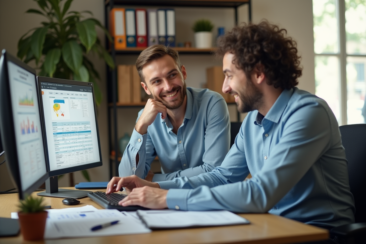 Assistante comptable collaborant avec un collègue en équipe