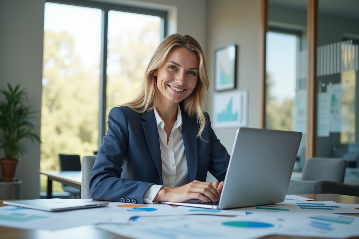 Comptable souriant dans un bureau moderne avec ordinateur