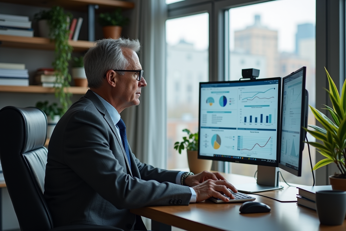 Consultant informatique examinant tableaux de bord ERP chez lui