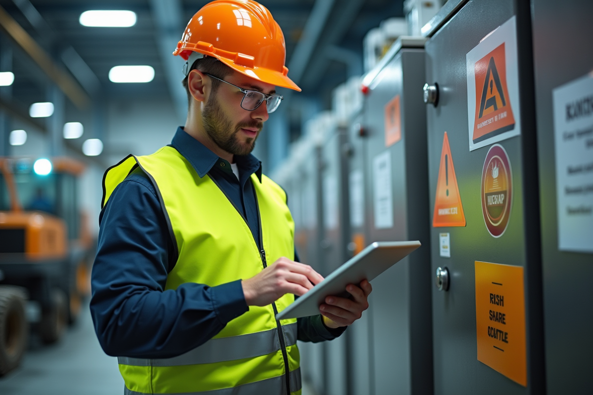 Agent de sécurité inspectant une machine avec tablette en site industriel