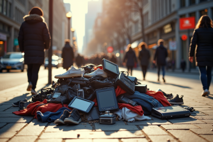 Déchets électroniques et vêtements abandonnés sur le trottoir en ville