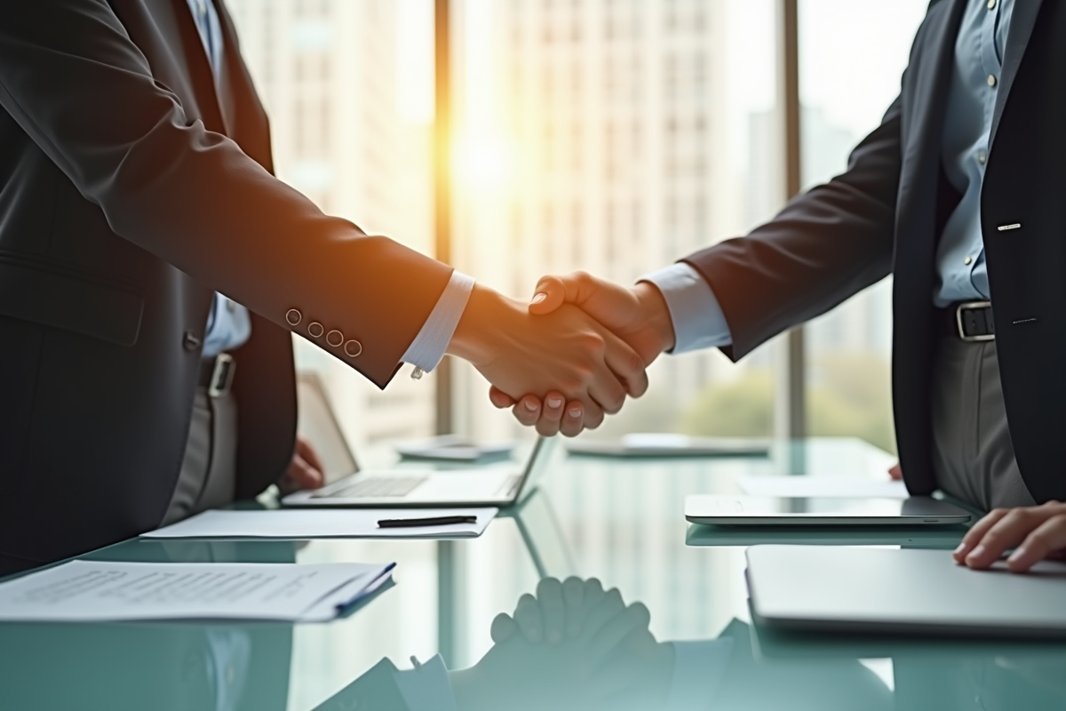 Deux professionnels serrent la main dans un bureau lumineux