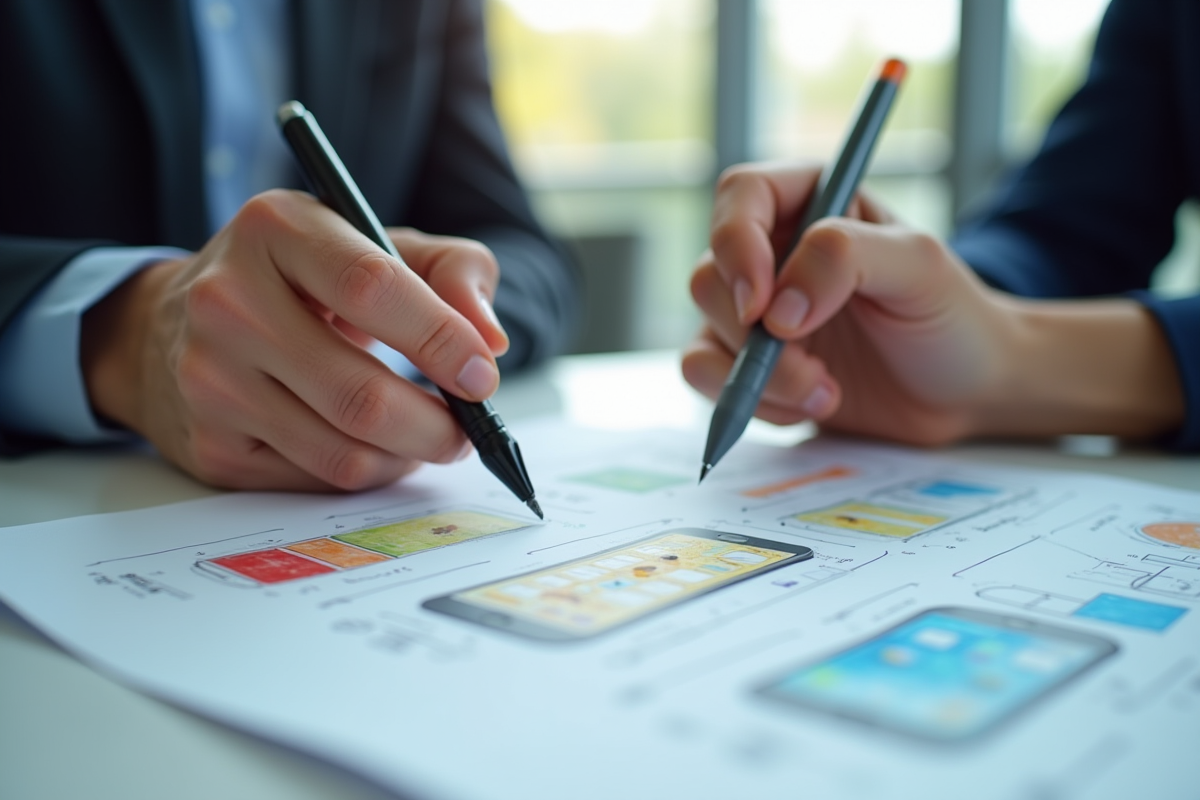 Deux mains échangeant un stylo sur un croquis de design produit