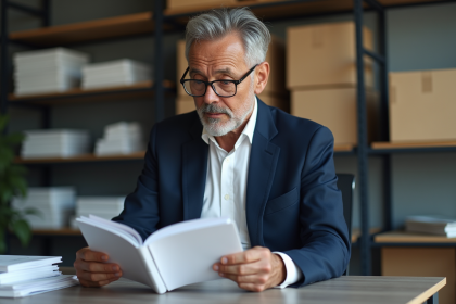 Homme d'affaires en blazer bleu examine un catalogue