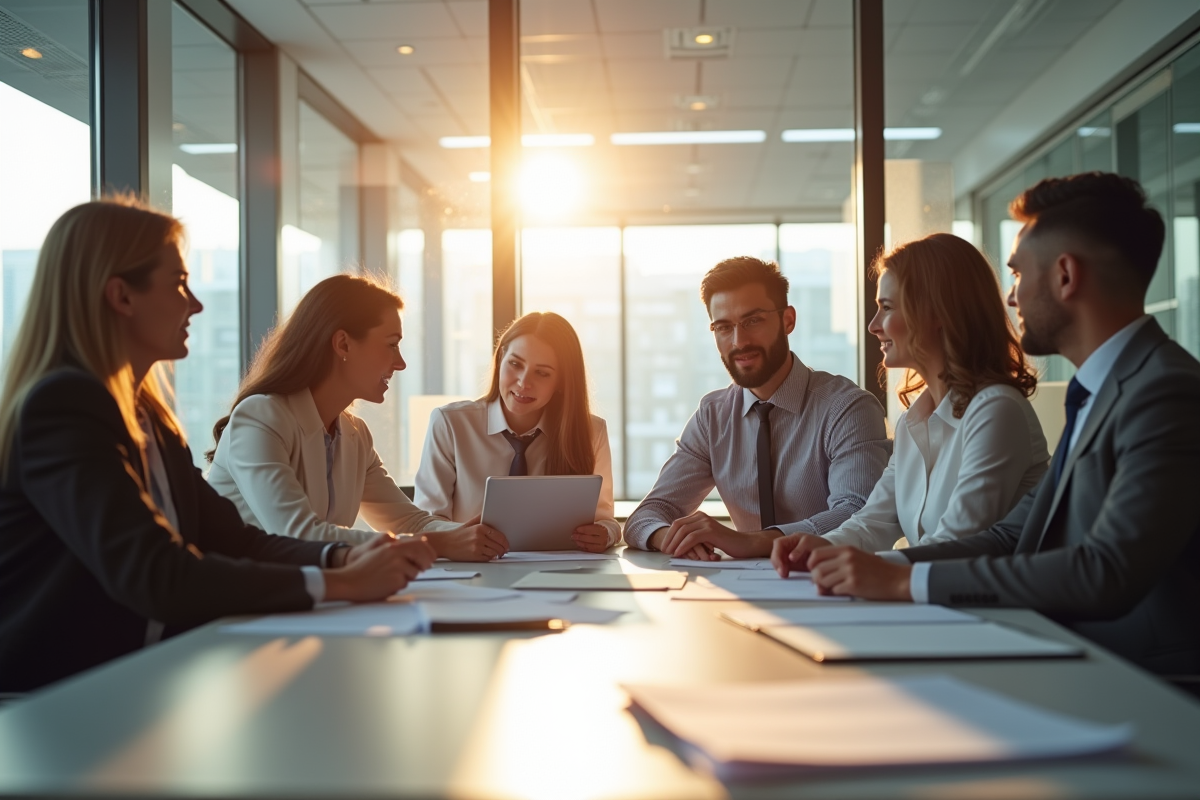 Equipe d'affaires confiante en réunion dans un bureau moderne