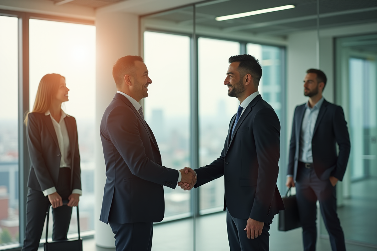 Groupe de professionnels en bureau moderne lors d'une poignée de main