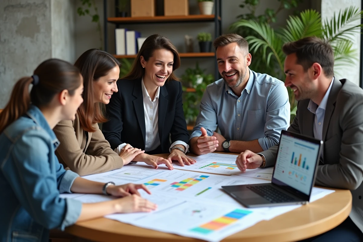 Équipe collaborative en atelier qualité autour d'une matrice de processus et d'un tableau PDCA