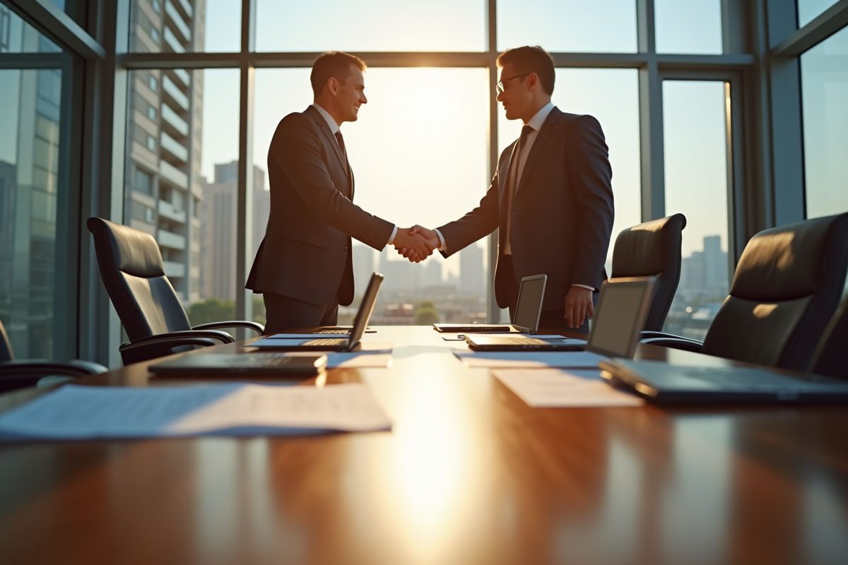 Deux professionnels serrant la main lors d'une fusion d'entreprise