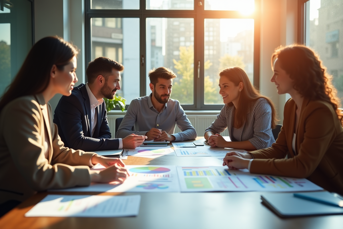 Equipe marketing diverse en réunion avec graphiques colorés