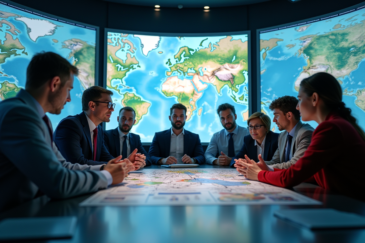 Equipe de professionnels et citoyens autour d'une carte en centre de contrôle