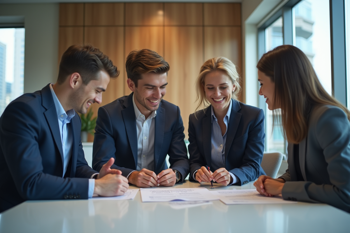 Groupe de quatre professionnels en réunion au bureau