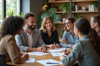 Groupe de professionnels français en réunion dans un espace coworking