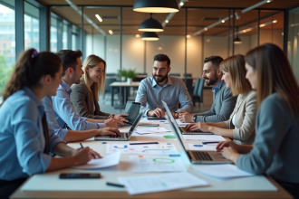 Groupe de professionnels en réunion autour d'une table moderne