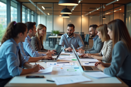 Groupe de professionnels en réunion autour d'une table moderne