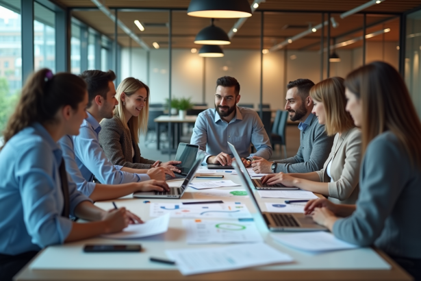 Groupe de professionnels en réunion autour d'une table moderne