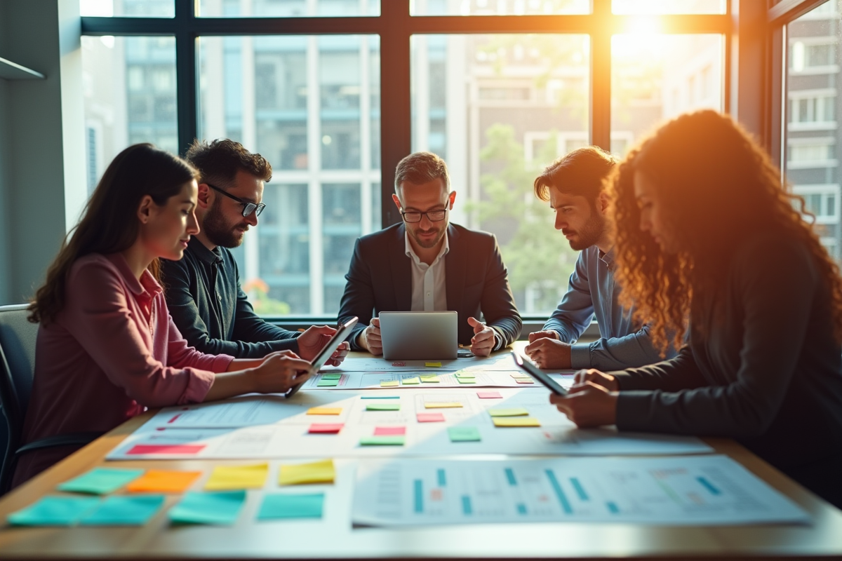 Equipe professionnelle collaborant autour d'une table pour planifier un projet