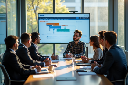 Groupe de professionnels analysant une feuille de route digitale