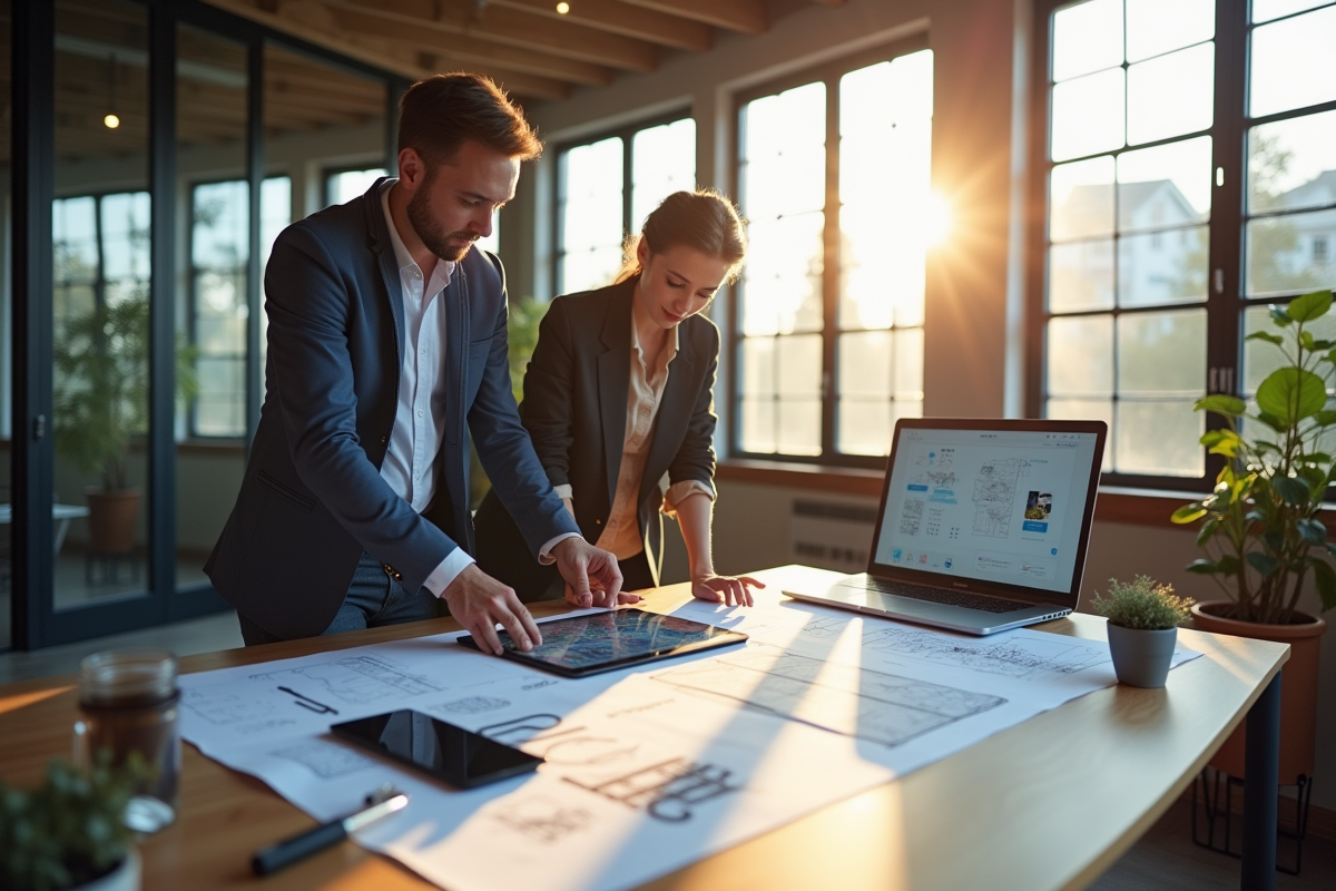 Espace de travail créatif moderne avec deux designers discutant