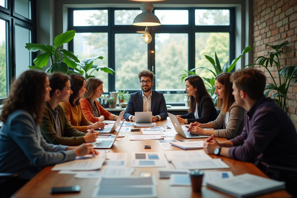 Espace de travail créatif avec équipe marketing brainstorming