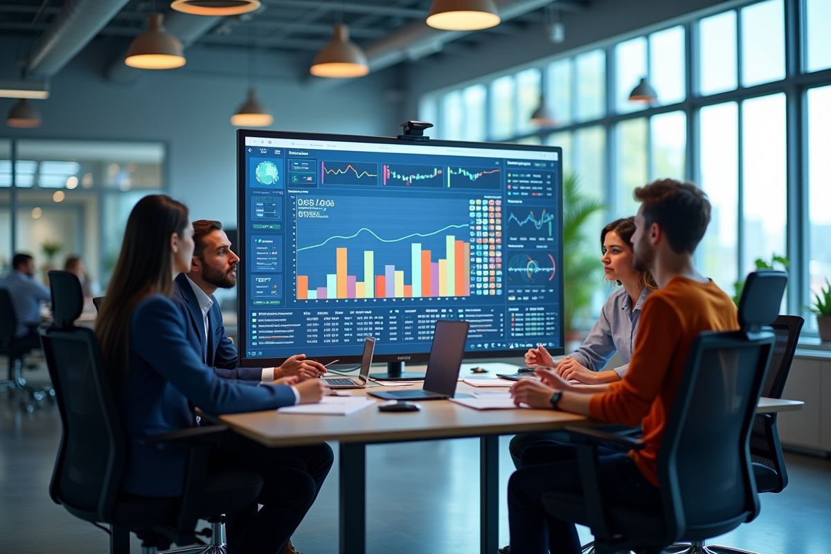 Espace de travail moderne avec professionnels et dashboards ERP