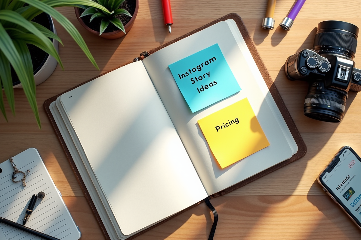 Espace de travail créatif avec carnet et smartphone pour Instagram