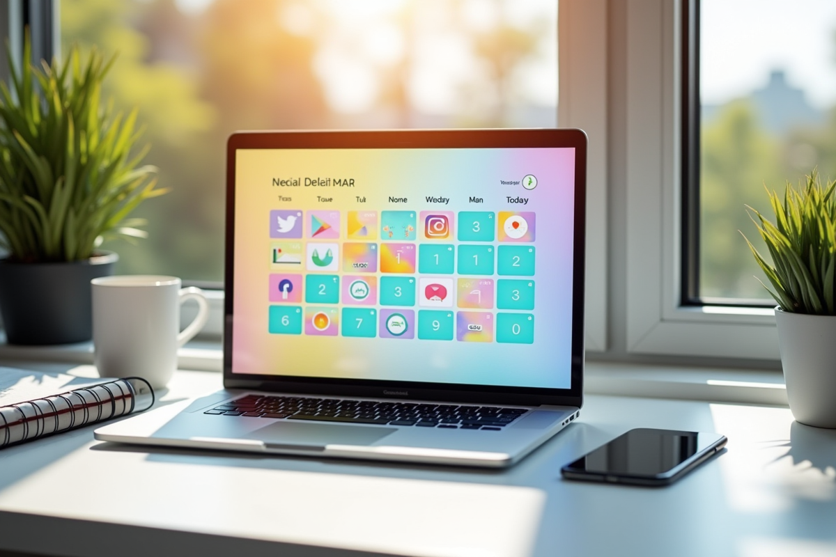Espace de travail moderne avec ordinateur et calendrier social media