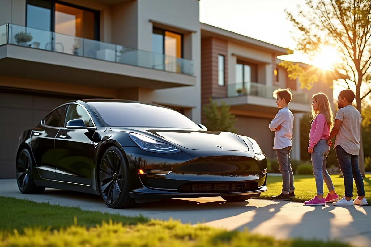 Famille regardant une Tesla garée devant une maison