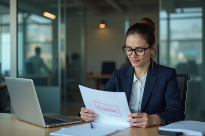 Femme d'affaires en costume regardant un document confidentiel