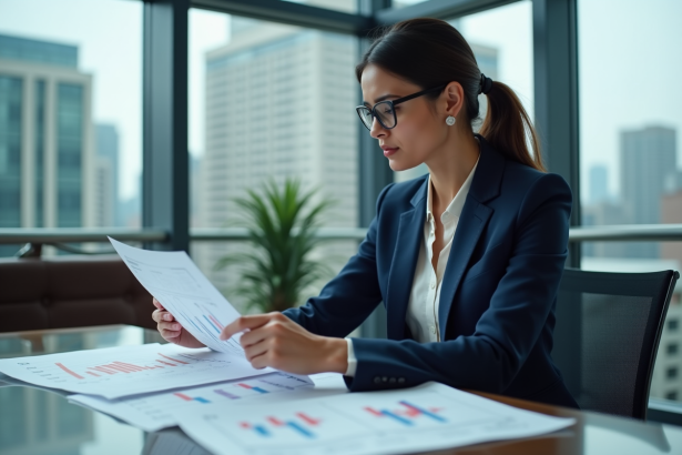 Femme d'affaires en costume bleu analysant des graphiques financiers
