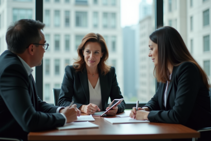 Femme d affaires pointant une tablette lors d une réunion