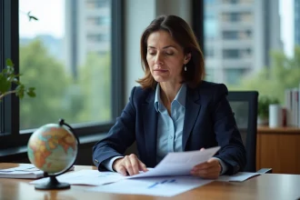 Femme d'affaires en costume regardant des rapports dans un bureau moderne