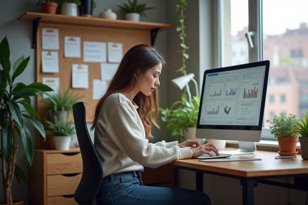 Femme concentrée travaillant sur son ordinateur dans un bureau moderne