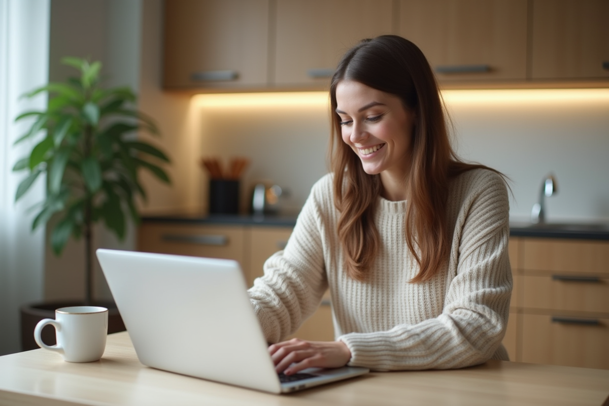 Femme assise à une table de cuisine en train d'écrire un email
