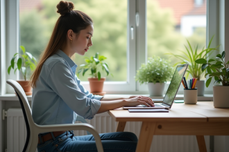 Jeune femme concentrée sur son ordinateur dans un bureau lumineux